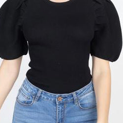PUFF-SLEEVE RIBBED TOP